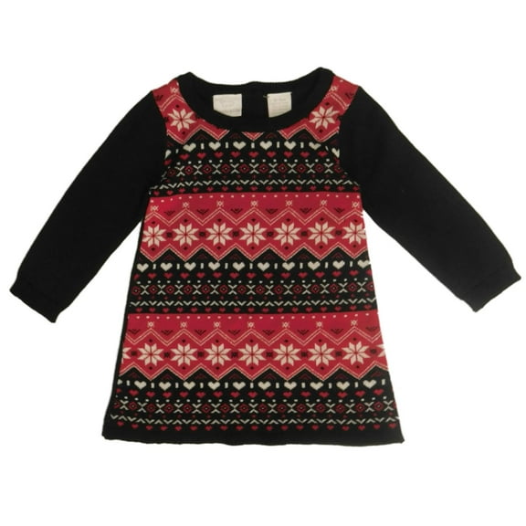 Infant & Toddler Girls Black & Red Nordic Snowflake & Heart Print Sweater Dress