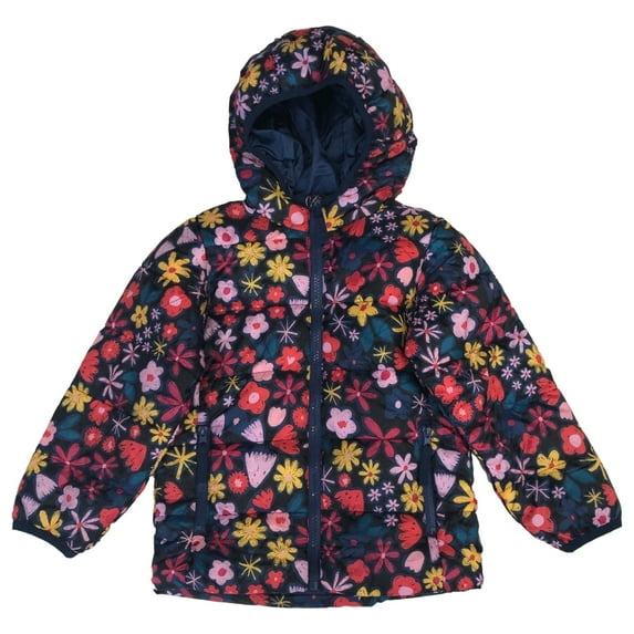 Infant & Toddler Girls Blue Floral Print Hooded Ski Jacket Packable Coat 12m