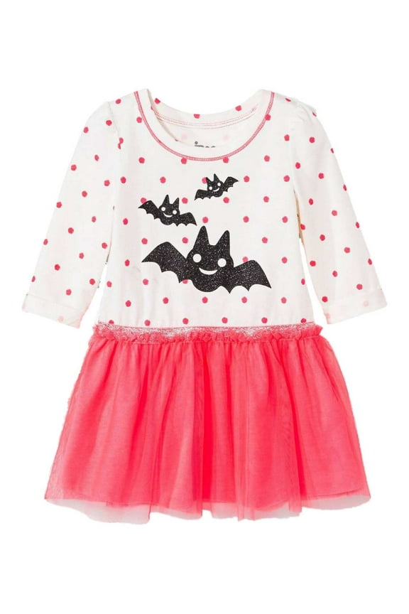 Infant Toddler Girls Ivory Pink Bat Halloween Long Sleeved Tutu Dress 3T