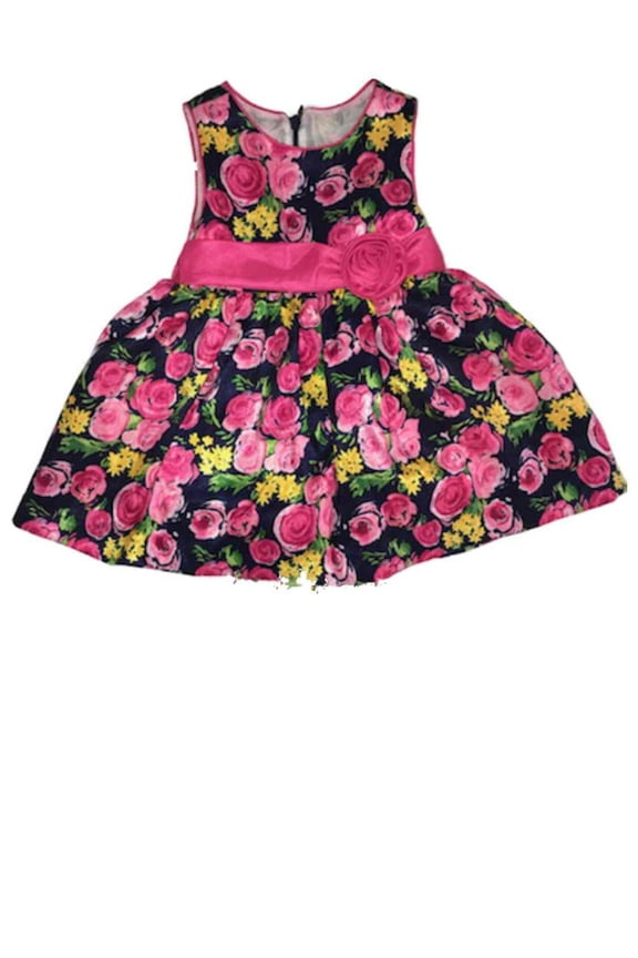 Infant & Toddler Girls Navy Blue & Pink Roses Tea Length Formal Baby Dress 18M