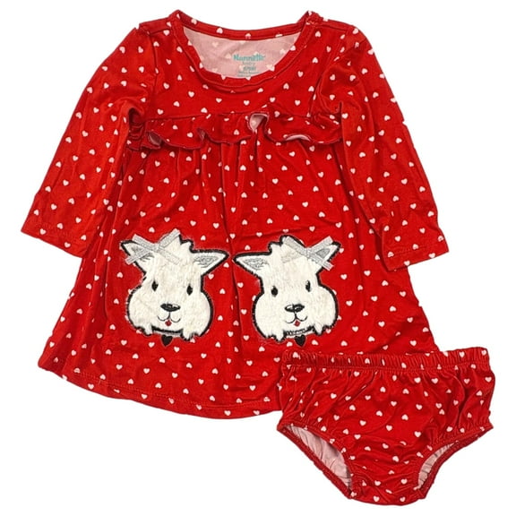 Infant Girls Red Heart Puppy Long Sleeve Super Soft Valentines Dress 3-6 Mo
