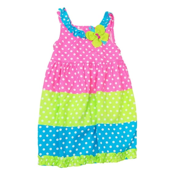 Infant Toddler Girls Pink Blue & Green Polka Dot Flower Summer Sun Dress 2T