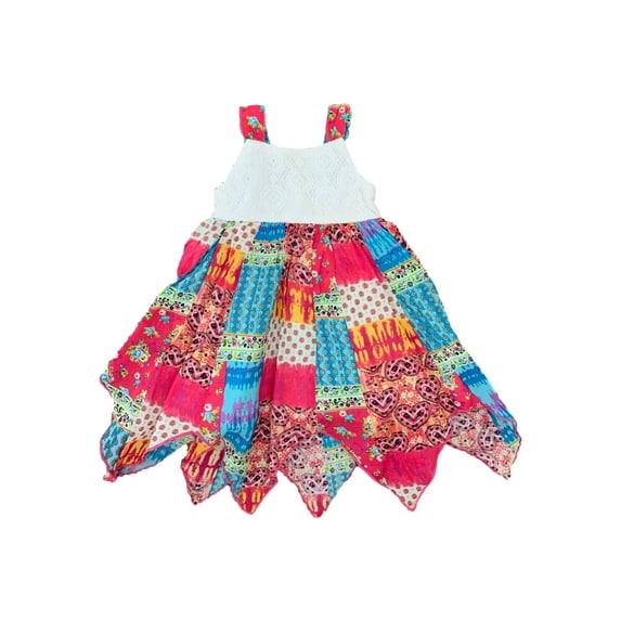 Infant & Toddler Girls Pink & Blue Patchwork Handkerchief Lace Top Dress 24M