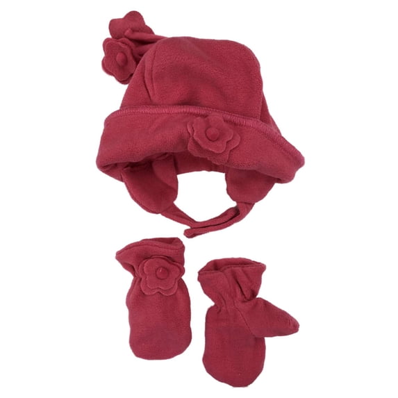 Infant & Toddler Girls Pink Fleece Flower Hat & Mittens Beanie Set 2T-4T