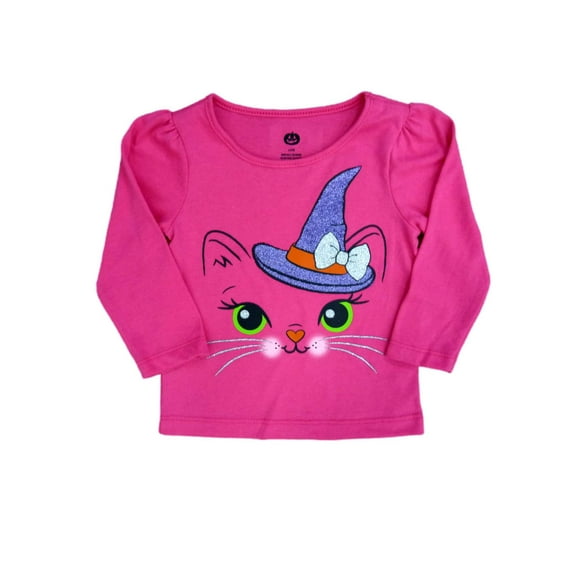 Infant Toddler Girls Pink Glittery Cat Halloween Shirt Long Sleeved T-Shirt 12m