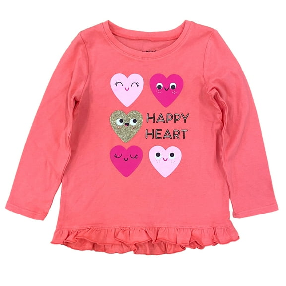 Infant Toddler Girls Pink Happy Hearts Long Sleeve Ruffle Hem T-Shirt 12M