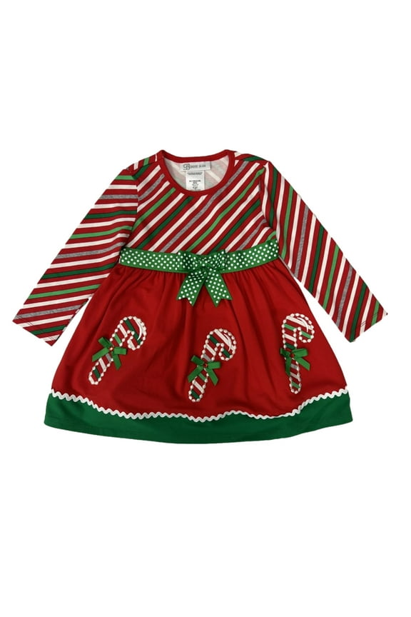 Infant& Toddler Girls Red & Green Long Sleeve Candy Cane Christmas Dress 12m