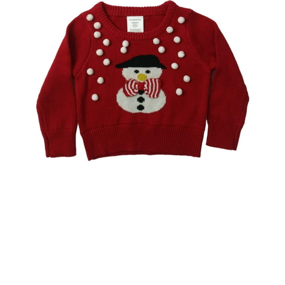 Infant & Toddler Girls Red Knit White Pom Pom Snowman Pullover Chirstmas Sweater
