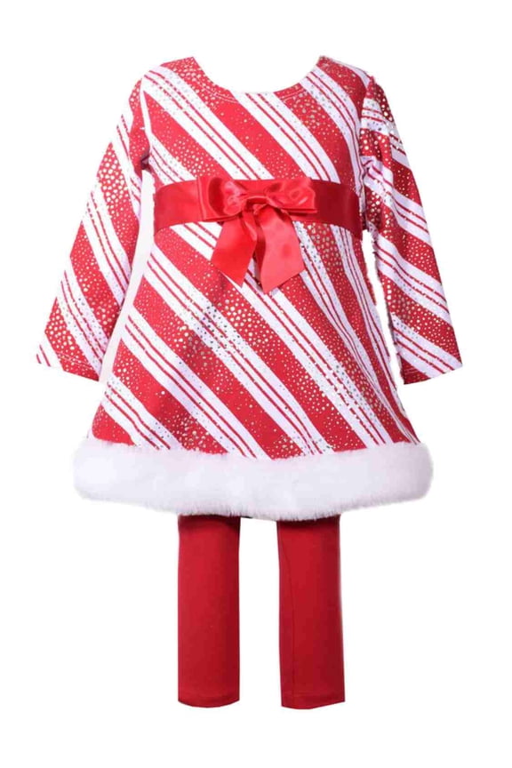 Infant &Toddler Girls Red Shimmery Striped Holiday Dress & Legging Outfit 12m