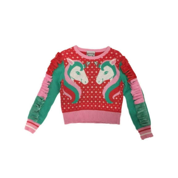 Infant & Toddler Girls Red Unicorn Christmas Sweater With Fringe Sleeves 18m