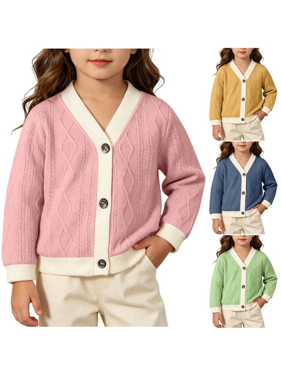 Infant Toddler Kids Cable Knit Cardigan Color Block V-Neck Button Down Long Sleeve Sweater Preppy Spring Fall Coat 3M-5Y Yellow