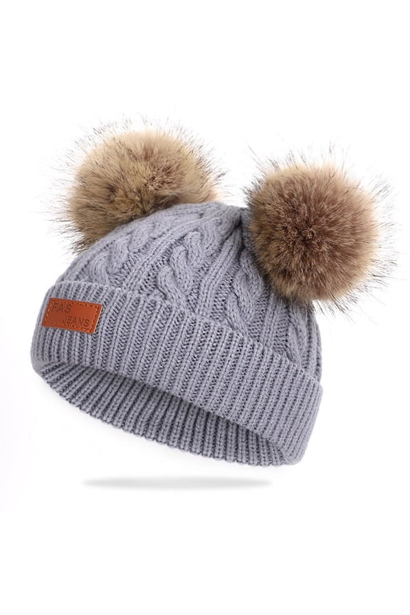 Infant Toddler Woolen Hat Pure Color Winter Twist Double Pom Pom Knitted Beanies Cap 0-3Y Grey