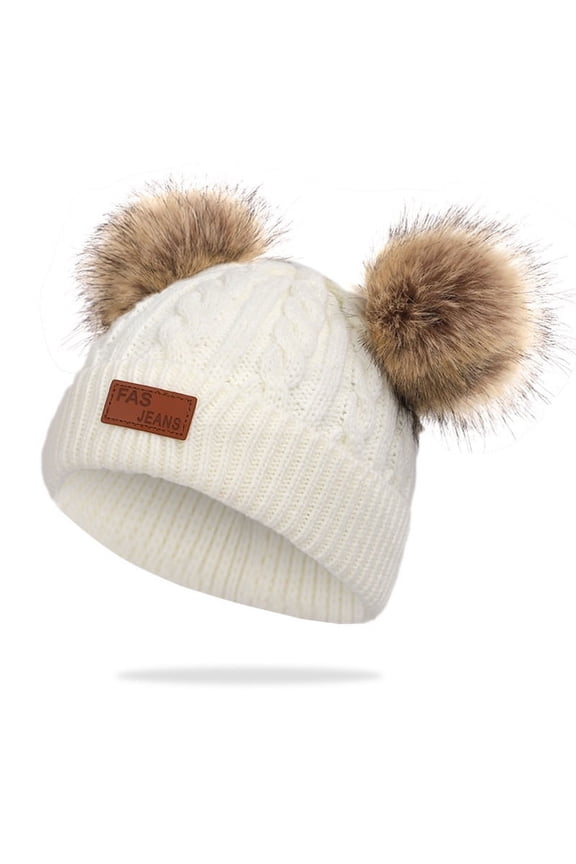 Infant Toddler Woolen Hat Pure Color Winter Twist Double Pom Pom Knitted Beanies Cap 0-3Y White