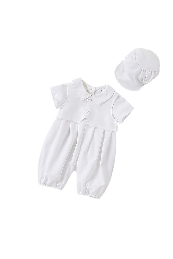 Unisex White Romper Outfit, Short-Sleeve Long Jumpsuit and Sun Hat for Baptisms, Birthdays and Daily Wear