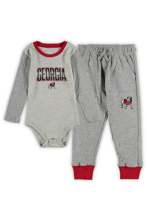 Infant Wes & Willy Heathered Gray/Red Georgia Bulldogs Jie Jie Long Sleeve Bodysuit & Pants Set