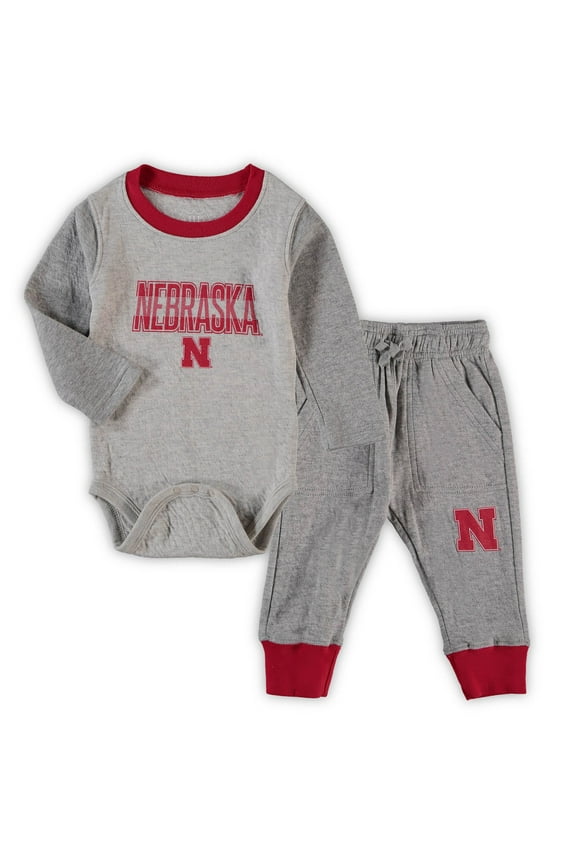 Infant Wes & Willy Heathered Gray/Scarlet Nebraska Huskers Jie Jie Long Sleeve Bodysuit & Pants Set