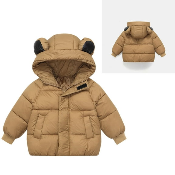 Baby Winter Coat Baby Boys Puffer Coat Coffee Bear Ears Hooded Jacket Zipper Windproof Jacket Outwear for Kids Baby Child Winter Coat Warm Thick Clothes 12-18M