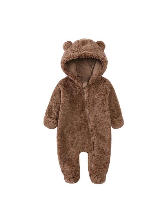 Winter Snowsuit Baby Boys Girls Bear Ear Hooded Footed Jumpsuit Coffee 3 Months-6 Months