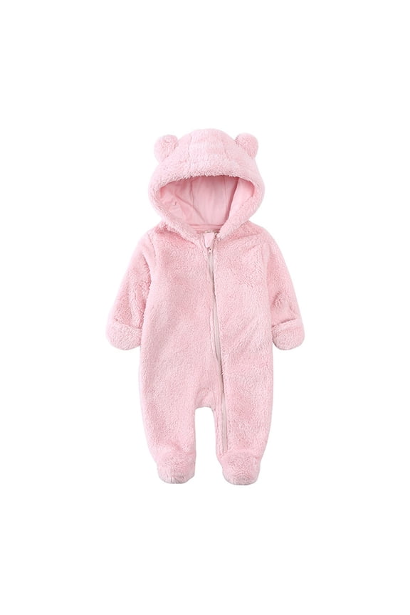 Infant Winter Snowsuit Baby Boys Girls Bear Ear Fleece Hooded Footed Jumpsuit Pink 9 Months-12 Months