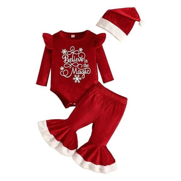 Year Girl Baby Girl Hat Little Girls 3 6 Months Bodysuit Baby 4 Piece Set Girls Long Sleeve Christmas Letter Romper Bodysuit Bottoms Pants Hat Outfits Red 6-9 Months