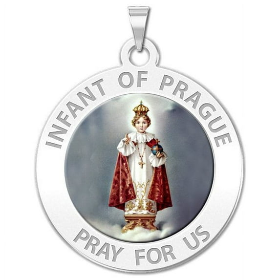 Infant of Prague Religious Medal Color - 3/4 Inch Size of a Nickel -Solid 14K White Gold