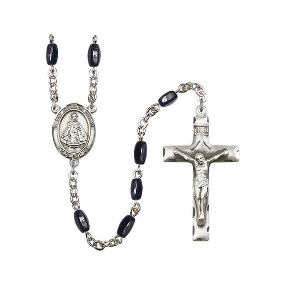 Infant of Prague Silver-Plated Rosary 8x5mm Black Onyx Beads Crucifix Size 1 3/4 x 1 medal charm