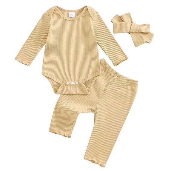 InfantBaby Girls Clothes Sets 3 Piece Solid Color Long Sleeve Ribbon Knit Romper and Pants Suit with Headband Warm Fall Winter Clothing Sets 3-6 Months
