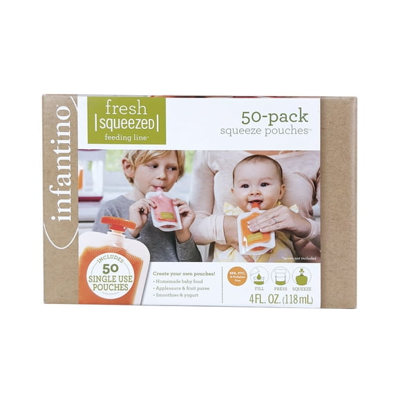 Infantino Disposable Squeeze Pouches, 4oz. Clear Non-Reusable Puree Pouches, 50-Pack