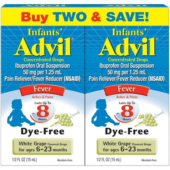Infants' Advil® Concentrated Drops Fever Reducer/Pain Reliever (Ibuprofen) in Dye-Free White Grape Flavor 50mg 2-0.5 fl. oz. Boxes