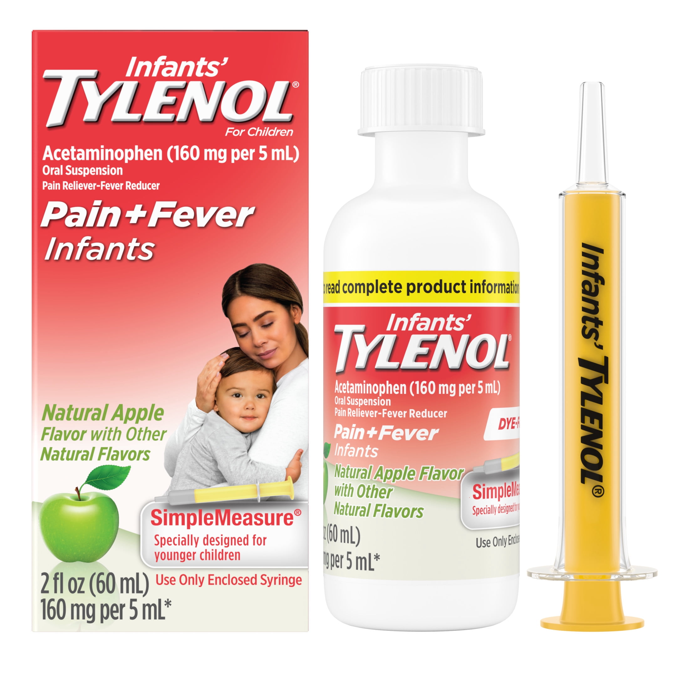 Infants Tylenol Pain + Fever Medicine, Dye-Free, Apple, 2 fl. oz