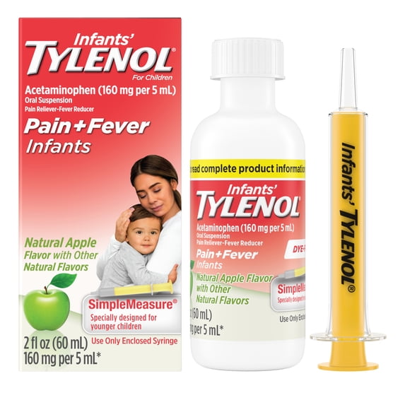 Infants’ Tylenol Pain + Fever Medicine, Dye-Free, Apple, 2 fl. oz