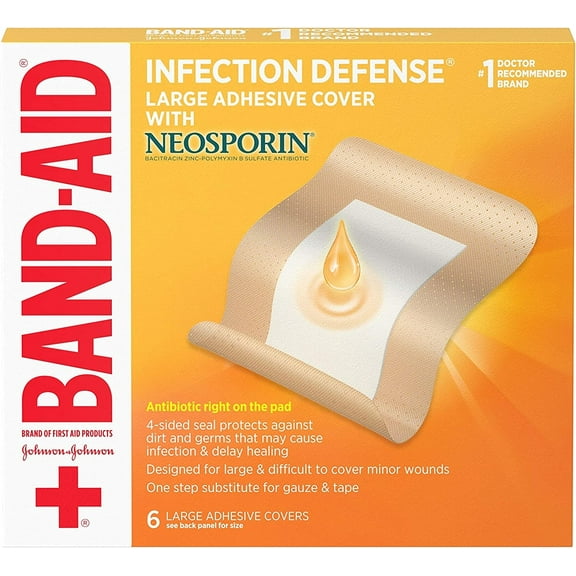 Infection Defense Adhesive Wound Covers with Neosporin Antibiotic Ointment On The Pad for First Aid Wound Care, Bacitracin Zinc & Polymyxin B Sulfate, Sterile, Large, 6 ct