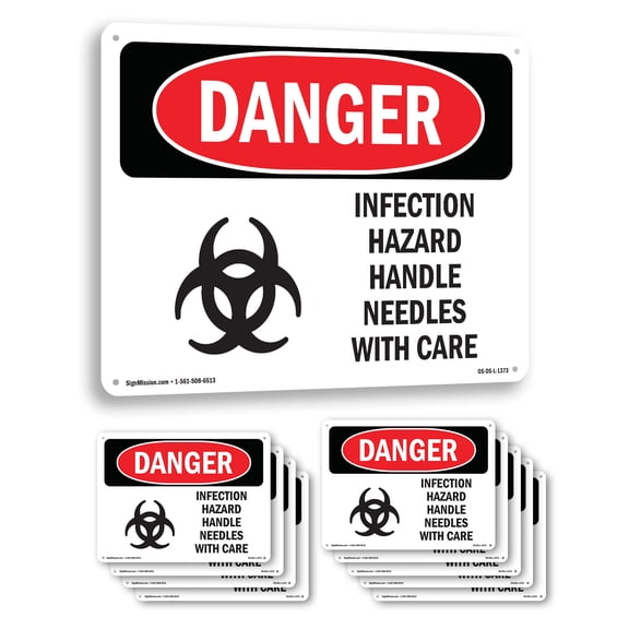 Infection Hazard Handle Needles With Care OSHA Danger Aluminum Sign 10 Inch x 7 Inch - 10 Pack
