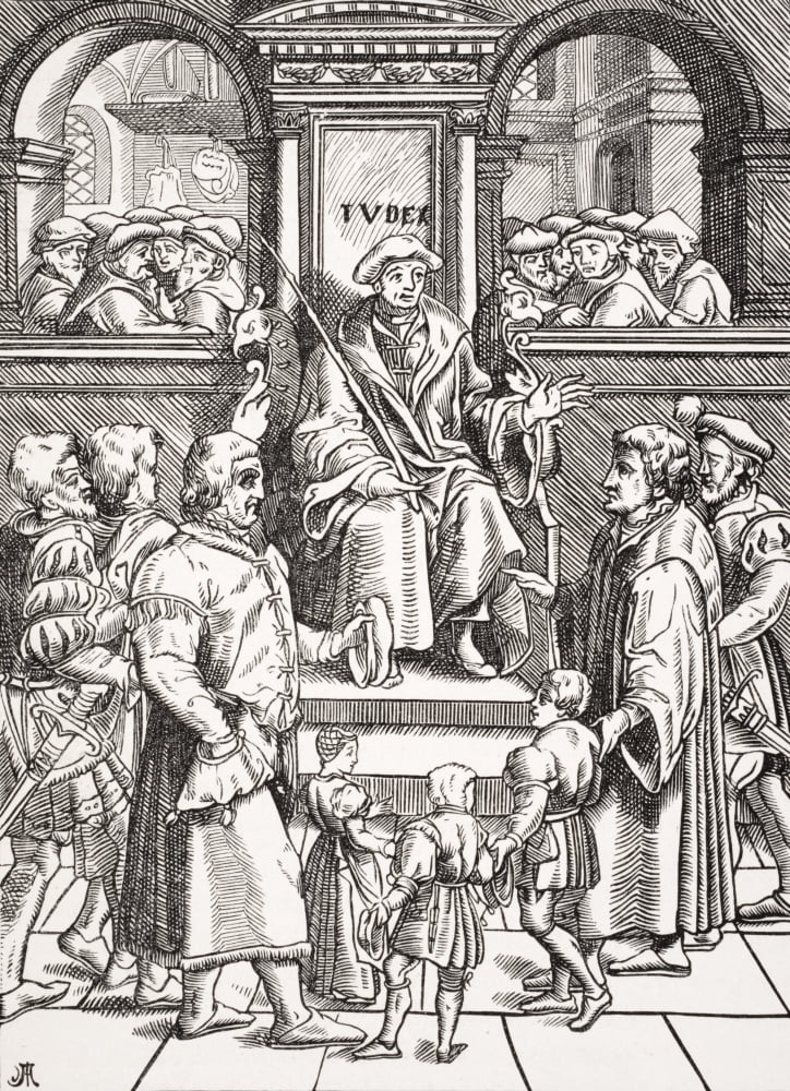 Inferior Court In The Great Bailiwick Adoption Of Orphan Children Copy Of Woodcut In J DamhoudereS Refuge Et Garand Des Pupilles Orphelins Published 1557 Canvas Art - Ken Welsh  Design Pics (12 x 17)