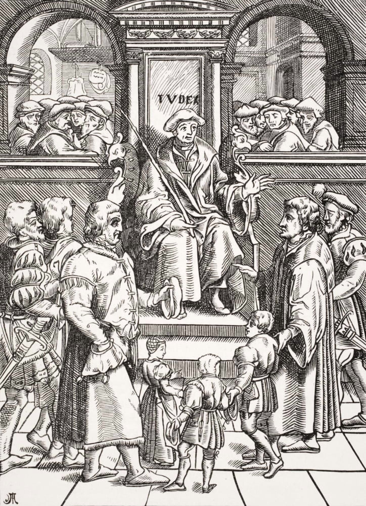 Inferior Court In The Great Bailiwick Adoption Of Orphan Children Copy Of Woodcut In J DamhoudereS Refuge Et Garand Des Pupilles Orphelins Published 1557 Canvas Art - Ken Welsh Design Pics (24 x 34)