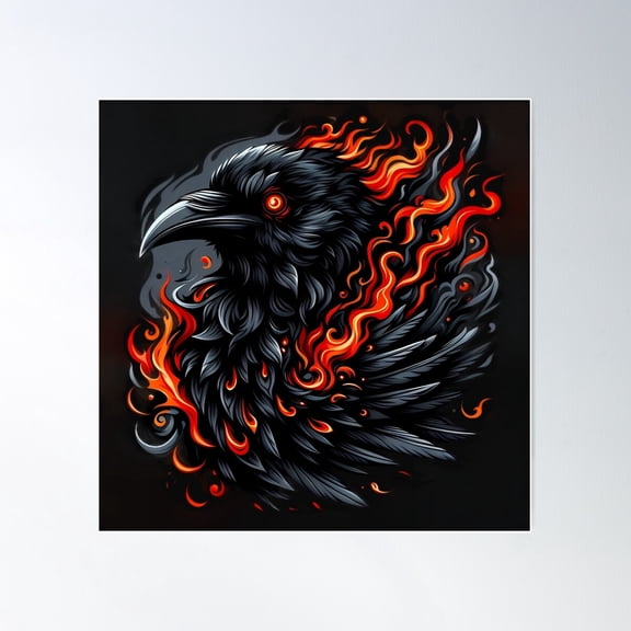 Infernal Raven With Flaming Wings & Glowing Red Eyes Poster Wall Art, Modern Wall Decor For Living Room Bedroom, 24x24 UNFRAMED