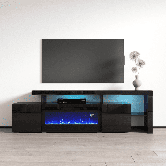 Inferno BL-EF Fireplace TV Stand for TVs up to 80", Modern High Gloss 73" Entertainment Center, Electric Fireplace TV Media Console with Storage Cabinets