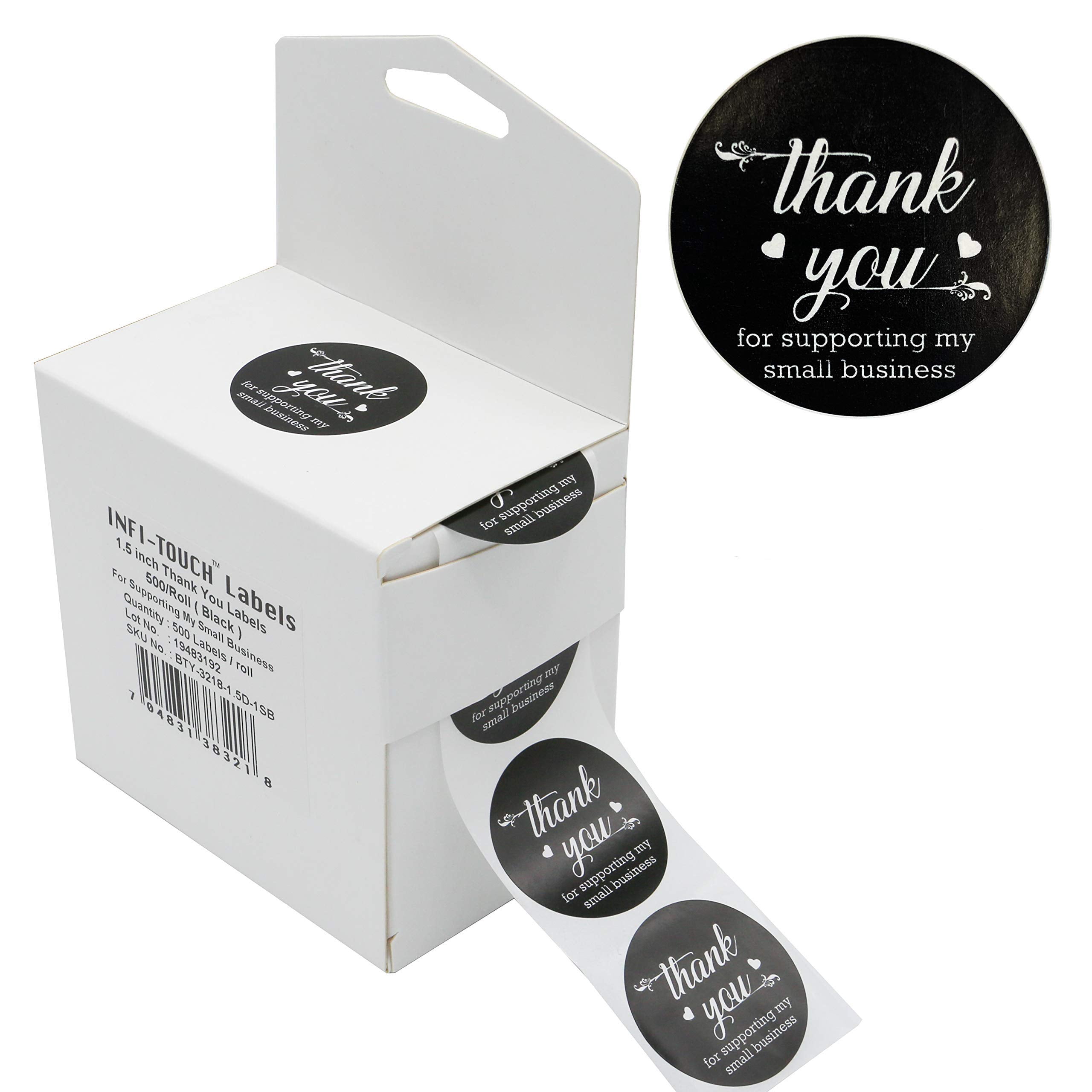 Infi-Touch 1.5" Black Round Natural Kraft Paper Thank You Stickers 500 ...