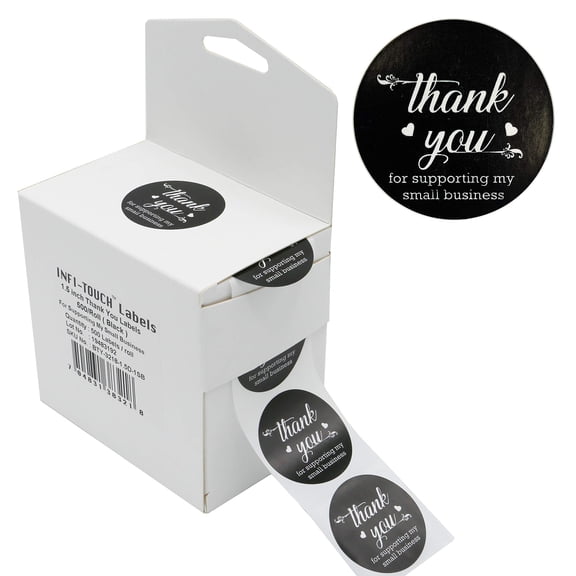 Infi-Touch 1.5" Black Round Natural Kraft Paper Thank You Stickers 500 Ct