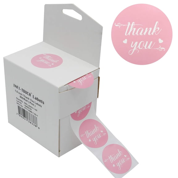 Infi-Touch 1.5" Pink Round Thank You Stickers - 500 Ct. in Box