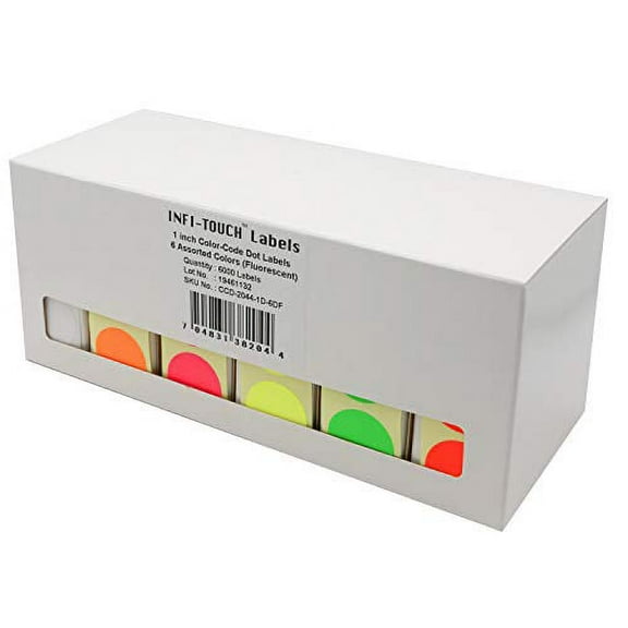 Infi-Touch Fluorescent 1 inch Color-Code Dot Label Kit - 6 Assorted Colors in Dispenser Boxes