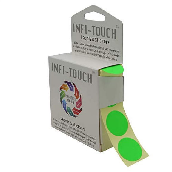 Infi-Touch Labels 1 inch Round Permanent Color-Code Dot Stickers, 1000 per Dispenser Box (Fluorescent Green)