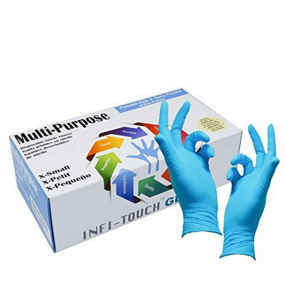 Infi-Touch, Multi Purpose Heavy Duty, Blue Nitrile Gloves, 9.5" Length, Powder Free, (100 Gloves Count Bag) - Medium
