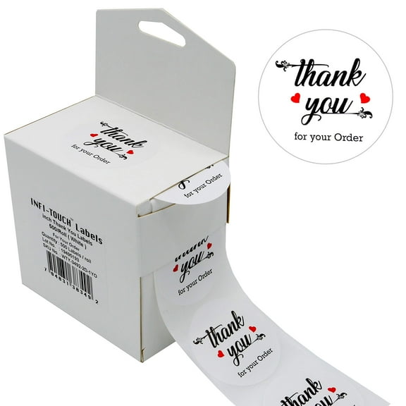 Infi-Touch Natural Kraft Paper 1.5" White Round Thank You Stickers - 500 Ct