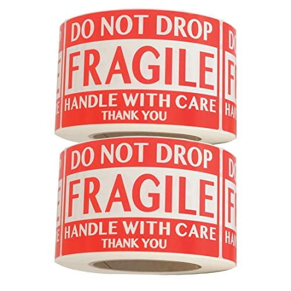 Infi-Touch Red "Fragile Do Not Drop Handle with Care Thank You" 3 x 5 Semi-Gloss Stickers - 2 Rolls