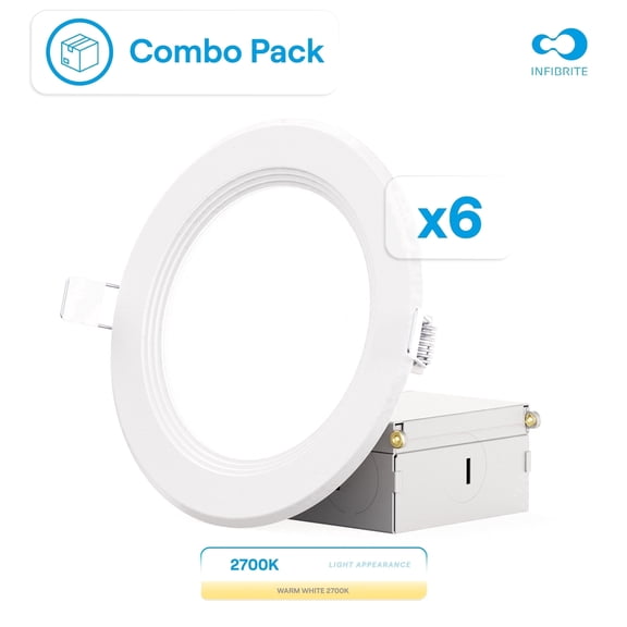 Infibrite 4” White Baffle Trim LED Light Fixture, Dimmable Slim Ceiling Recessed Downlight, Bright White, 6 Pack