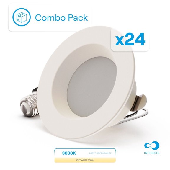 INFIBRITE 4 Inch 3000K Warm White 9W 750LM Recessed Retrofit LED Sleek Series Downlight Kit (Includes E26 Connector), Dimmable, Wet Rated (24 Pack)
