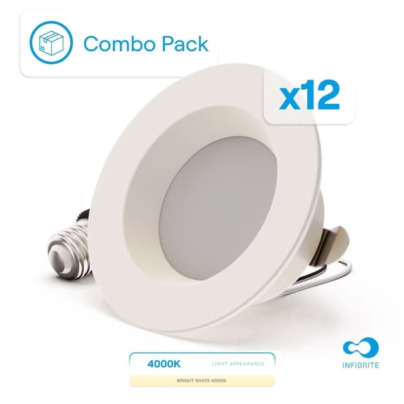 INFIBRITE 4 Inch 4000K Cool White 9W 750LM Recessed Retrofit LED Sleek Series Downlight Kit (Includes E26 Connector), Dimmable, Wet Rated (12 Pack)