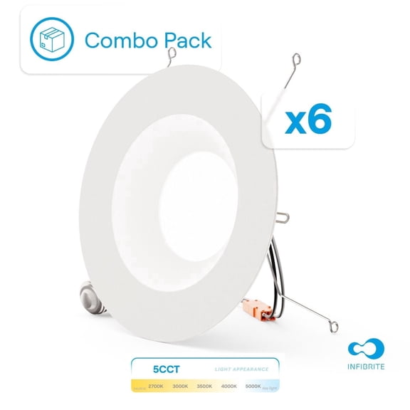 Infibrite Sleek Series 6” LED Light Fixture, Dimmable Ceiling Retrofit Recessed Lights, 5CCT, 6 Pack