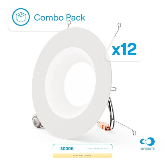 Infibrite 5"/6" Recessed Retrofit LED Downlight, 3000K Warm White, Dimmable, 12W 1100LM, Wet Rated, E26 Adapter (Set of 12)